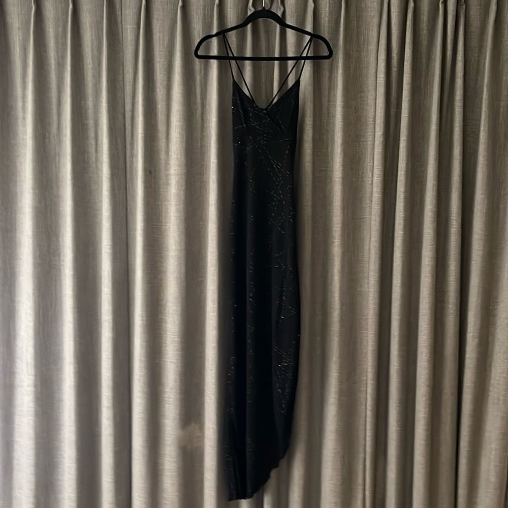 Black long “Y2K” Asymmetrical Dress. Sheer w non-flaking glitter det.  Size XS/S